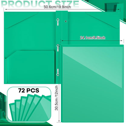 Henoyso 72 Pcs Plastic Folder with Clear Front Pocket and 3 Prong Plastic Folders with Card Slot Pocket Folders with Prongs for School Office (Green)
