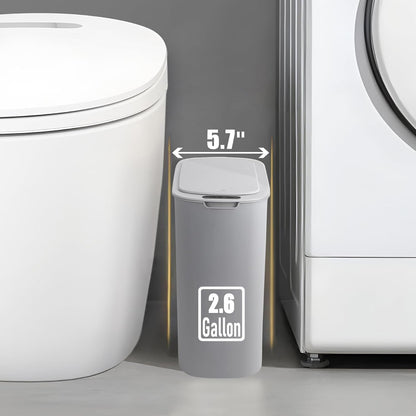 Automatic Motion Sensor Bathroom Trash Can with Lid, 2.6 Gallon Touchless Trash Bin, Smart Garbage Can Plastic Slim Wastebasket for Bedroom, Office, Dorm (Grey)