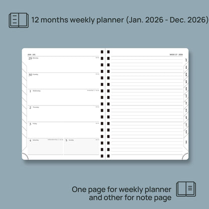 POPRUN 2026 Planner Weekly Notebook (Jan-Dec), Medium 8.5''x 6.5'' - Agenda 2026 Calendar Book with Monthly Tabs, Inner Pocket, Spiral Soft Cover, 100 GSM - Cerulean Blue