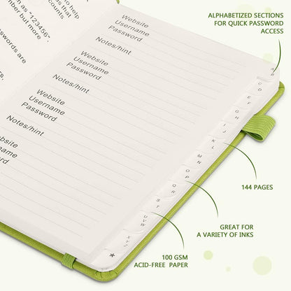 JUBTIC Password Book with Alphabetical Tabs Medium Size Password Keeper Logbook for Internet Log in Website Address Detail. Hardcover Password Notebook Journal & Organizer for Home Office, Green