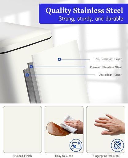 Kitchen Rubbish Bin, 30 L, Narrow Pedal Bin with Lid, Stainless Steel Kitchen Rubbish Bin with Inner Bucket, Rectangular Waste Bin for Kitchen, Bathroom, Bedroom, Office, White