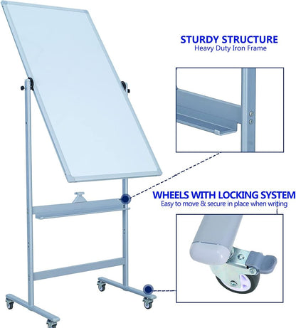 Magnetic Mobile Whiteboard 48x24-in 360° Reversible Two-sided White Board with Wheels, Portable Dry Erase Board Easel with Stand for Office Classroom, Include 6 Dry Erase Markers and 1 Eraser