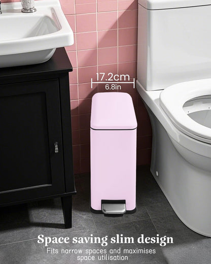 Rubbish Bin with Lid, 10 L, Stainless Steel Bathroom Waste Bin, Small Waste Bin, Pedal Bin, Stainless Steel for Bathroom, Bedroom and Office, Pink