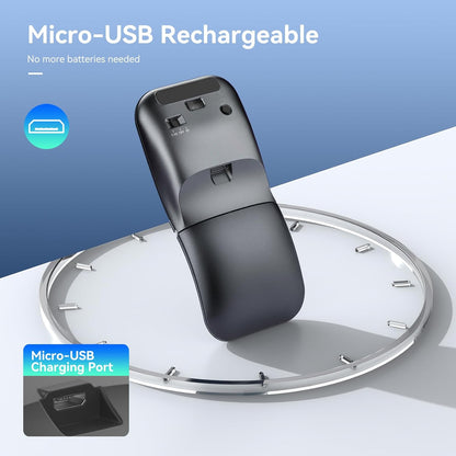 Bluetooth Wireless Arc Travel Mouse, Dual Model (2.4G+BT5.1) Rotating Foldable Mouse for Microsoft, Rechargeable Slim Portable Mice for Laptop, Notebook, PC, MacBook, Chromebook, Lenovo - Black