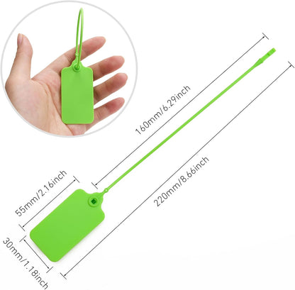 100 Green Blank Plastic Tags for Labeling Waterproof Hanging Labels Writable Tags Seal Plastic Marking Label for Clothes Bags Keys Inventory with One Marker Pen