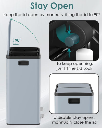 Arlopu 16 GallonStainless Steel Trash Can, 60L Dual Compartment, Metal Kitchen Step Recycle Bin, Metal Double Dustbin, in-Home Garbage Rubbish Can W/Removable Liner Buckets (Haze Blue)