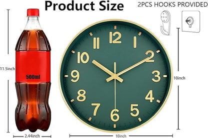 Modern Wall Clock, 10 Inch Digital Wall Clocks Battery Operated, Round Non Ticking Silent Analog Clock for Bedroom Living Room Kitchen Office Gym Classroom Decor, Gold Green Battery Clock