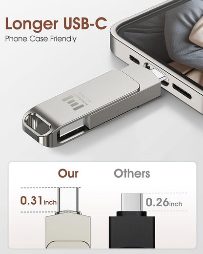 MOSDART 256GB USB3.1 Fast Speed C and A Dual Flash Drive, exFAT Memory Stick with Keychain Loop, for iPhone 15,16,17, Android Phone, iPad, MacBook, Silver