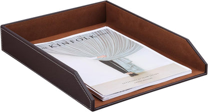 KINGFOM Letter Tray, PU Leather Paper Organizer Tray for Desk, Paper Organizer Storage Holder for Office Home or School A4 Size Brown