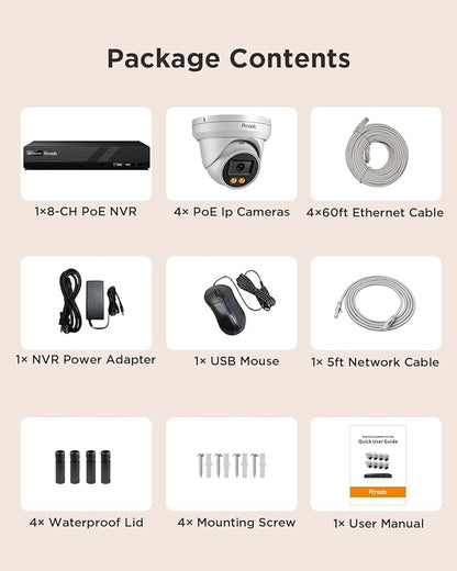 PoE Security Camera System, 4X 4MP Wired Dome IP Cameras Outdoor with Audio, AI Human Vehicle Detection, 5MP 8CH NVR with 2TB HDD, Smart Color Night Vision, 24/7 Recording, PD93BA0408-4MD-1