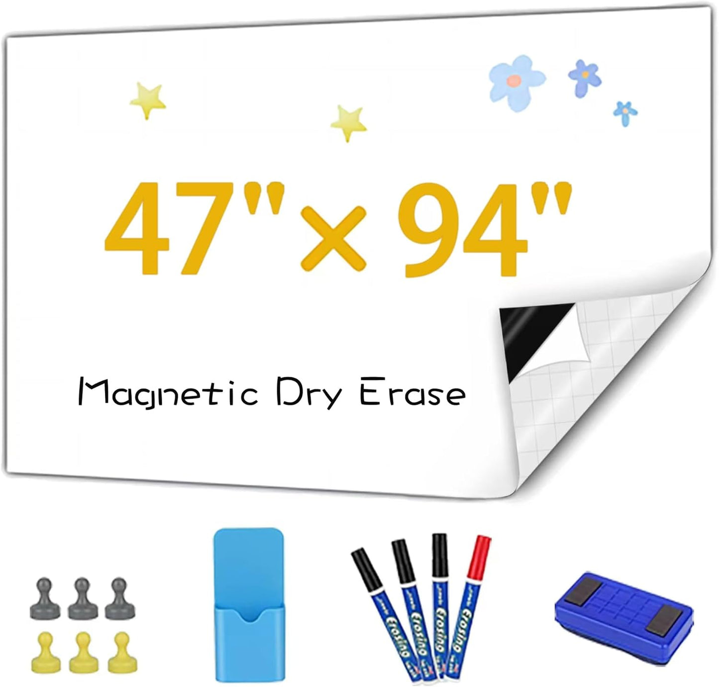 Magnetic Whiteboard Contact Paper, 47" x 94" Stick on Magnetic Dry Erase White Board Sticker on Wall, Easy to Write for Drawing, School, Office, Kitchen Fridge