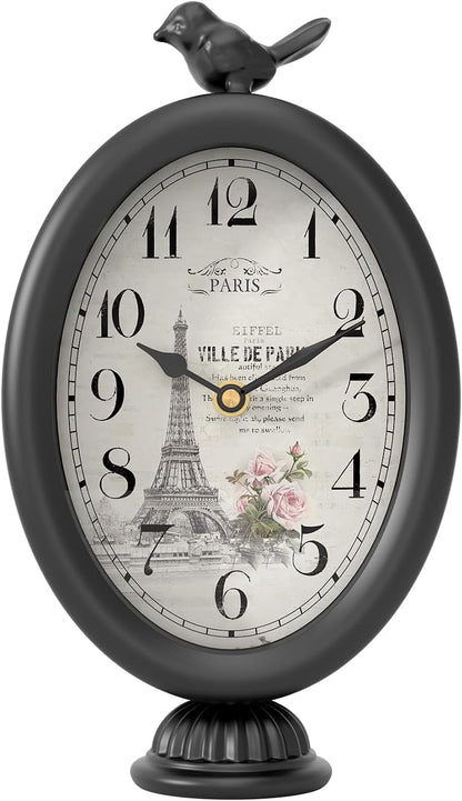 Vintage Table Clock with Bird, Desk and Shelf Decor Clock, French Paris Style, Antique Black Metal Mantel Clocks for Living Room, Farmhouse, Bedroom, Bedside, Gift (10" H x 5.9" W)
