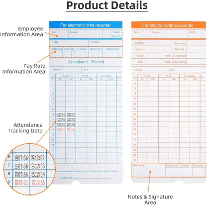 100-Piece Time Cards for Employees, Monthly Time Cards 2-Sided, 2-Color Timecards for Time Clocks, Blue/Orange Print, 7-3/8 x 3-3/8 Inch