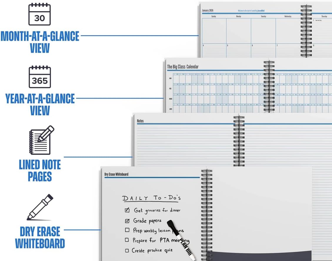 The Big Class Academic Planner 2025-2026 – Large & Portable 11x14 Foldable Design – Dry-Erase, Marker Included – 48 Pages with Note Sections & Labels, for Students, Teachers, Parents