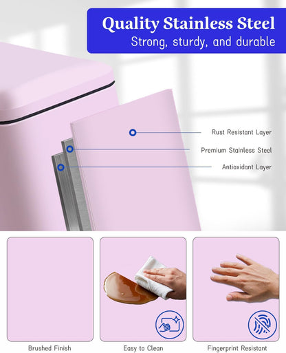 Rubbish Bin with Lid, 10 L, Stainless Steel Bathroom Waste Bin, Small Waste Bin, Pedal Bin, Stainless Steel for Bathroom, Bedroom and Office, Pink
