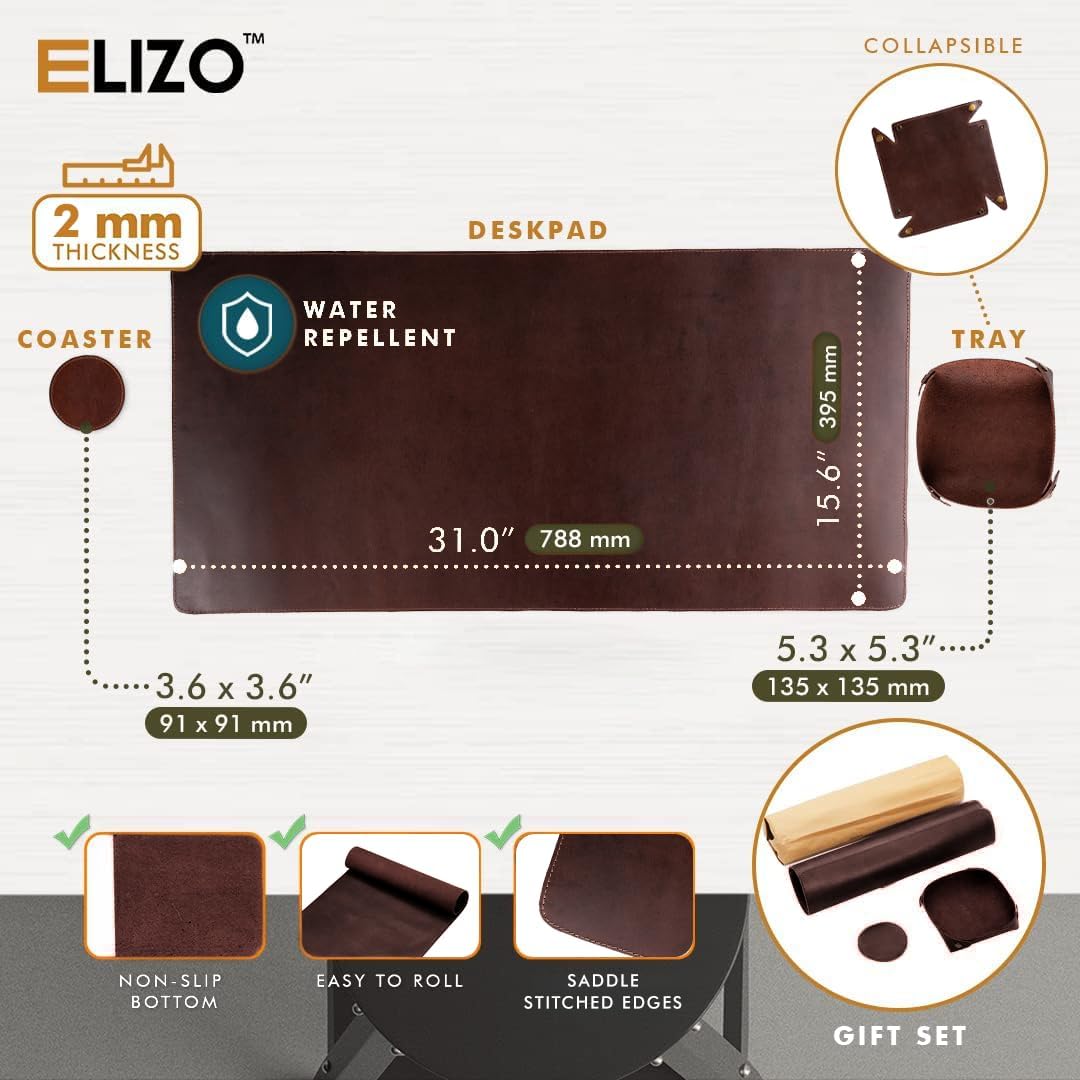 Leather Desk Pad (Real) Leather Desk Mat Set (31x15) Large Desk Cover Desk Blotter Desk Protector Computer Mat for Keyboard Gaming Mouse Pad Table Laptop Office Desktop Accessories 2mm Elizo
