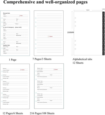 BTSFTOGET Password Book Refill Pages 212 Replacement Pages Internet Log Book, 8.2x5.6in, Large Print 576 Entries Durable Divider with Alphabetical Tabs, For Men Women Seniors Home Office Use