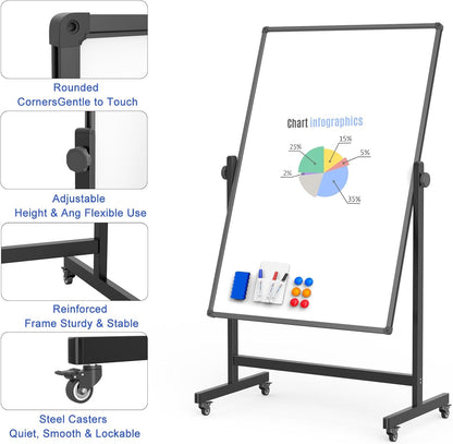 Rolling Whiteboard on Wheels, Double-Sided Magnetic Dry Erase Board with Stand, Mobile White Board for Office, Classroom, Home (28" x 40")
