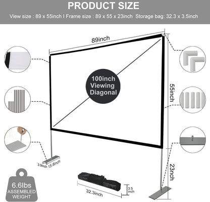 Outdoor Projector Screen with Stand 100 Inch: Portable Projection Screen for Outside Theater Home Backyard Movies