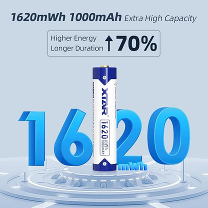 XTAR 1.5V AA AAA Batteries 4-Pack (4X AA 4150mWh + 4X AAA 1620mWh) - Pilas Recargables de Litio, High Capacity Rechargeable Batteries for Electronics, Toys, Flashlights