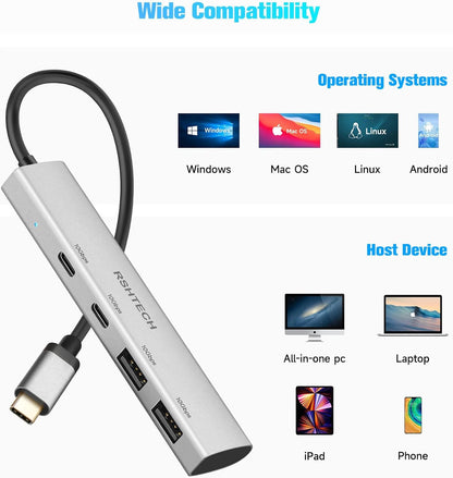 RSHTECH 4 Ports USB C 3.1/3.2 Gen 2 Hub 10Gbps with 2 USB-C and 2 USB-A Data Ports, Portable Aluminum USB Splitter for Laptop, MacBook Pro, and More Type C Devices, Gray, RSH-RX05