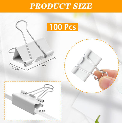 Jetec 100 Pack 1in/25mm White Metal Binder Clips Bulk Medium Reusable Fold Back Binder Clips Paper Clamps Spring Steel Sturdy for Home School Office Supplies
