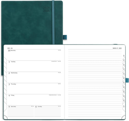 POPRUN Planner 2025-2026 Weekly Notebook (Large 8.5''x 10.5'') Academic Calendar (JUL.25 - JUN.26) Appointment Book with Monthly Tabs, Leather Soft Cover, Inner Pocket, 100 GSM - Petrol Green