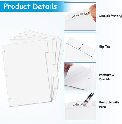Binder Dividers for 3 Ring Binder, 1/5 Cut Tabs, Letter Size, Blank Write On Page Dividers with 5 Big Tabs for School Office Home, 12 Sets, 60 Dividers, White
