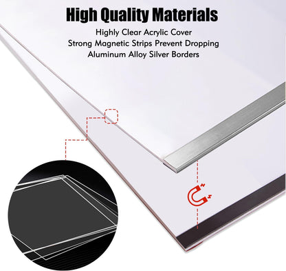 Acrylic Magnetic Sign Holder, Easy-Opening 8.5 x 11 Wall Mount Display Frames, Self Adhesive Back Plastic Clear Document Holder, Silver Aluminium Strips Frame (6Pack)