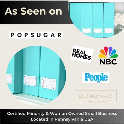 BLU MONACO Set of 6 Foldable Aqua Magazine File Holders with White Leather Label Holders – Cute Book Organizers for Desk, Classroom, Shelves, and Home Office