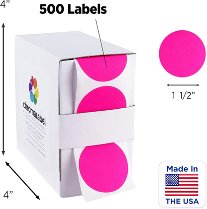 ChromaLabel 1.50 Inch Round Label Permanent Color Code Dot Stickers, 500 Labels per Dispenser Box, Fluorescent Pink