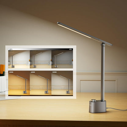 Honeywell Upgraded LED Desk Lamp - H01 Pro Sunturalux™ Foldable Desk Light with USB A+C Charging Port, 3 Color Modes Dimmable Table Lamp for Home Office Reading(Grey)