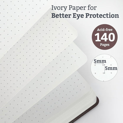 Bullet Dotted Hardcover Journal Notebook, A5 140 Pages 120Gsm Thick Paper for School,Note Taking,Work,Diary，5.7''*8.3'',Brown