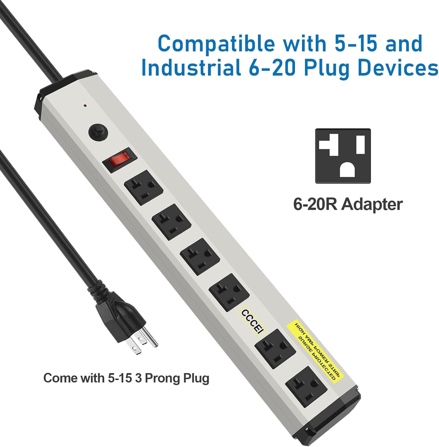 CCCEI Heavy Duty Power Strip Surge Protector 20 Amp, High Amp Industrial Shop Garage Metal Multiple Outlets, 4 FT 12 Gauge 5-15P Extension Cord 6 Outlet 6-20R T-Slot 20a for Appliance.
