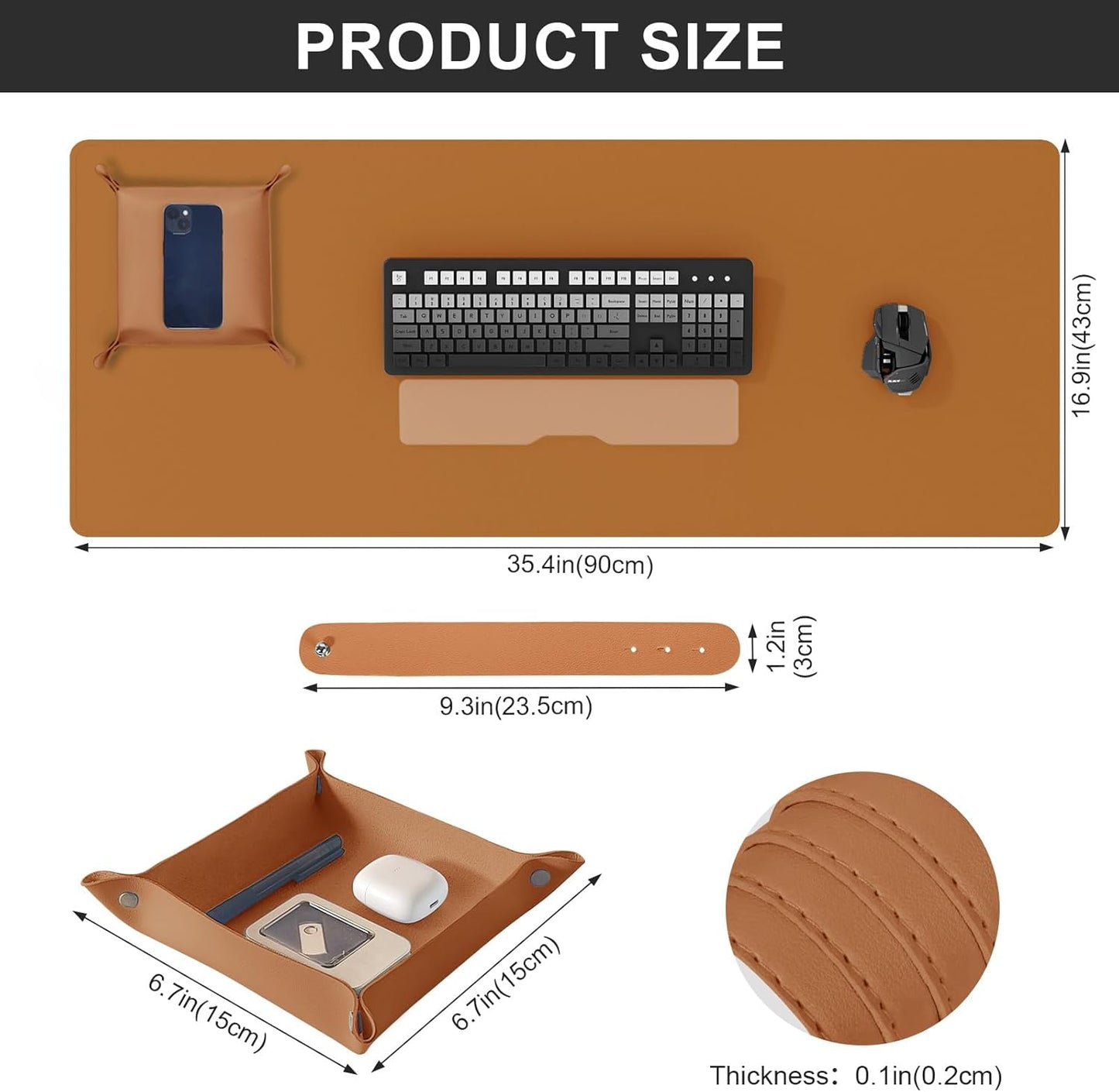 DAWNTREES Dual Sided Desk Mat,Leather Desk Pad,Brown 40"x16",Cork Desk Mat Protector,with PU Leather Valet Tray Organizer,Large Mouse Pad,Desk Writing Pad for Office and Home