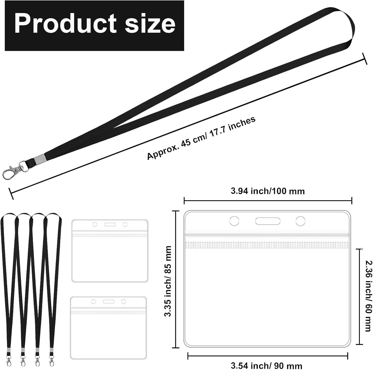 100 Pack Lanyards for ID Badges with Clear Name Tags, Reusable Lanyards Horizontal ID Card Badge Holders Plastic Name Badges for Men Women Kids Business School and Office Supplies (Black)