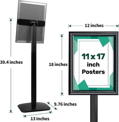 Heavy Duty Pedestal Sign Holder for Display, 11 x 17 inches Adjustable Floor Standing Sign Holder with Weighted Base , Vertical and Horizontal View Sign Stand for Indoor/Outdoor Advertising，Black