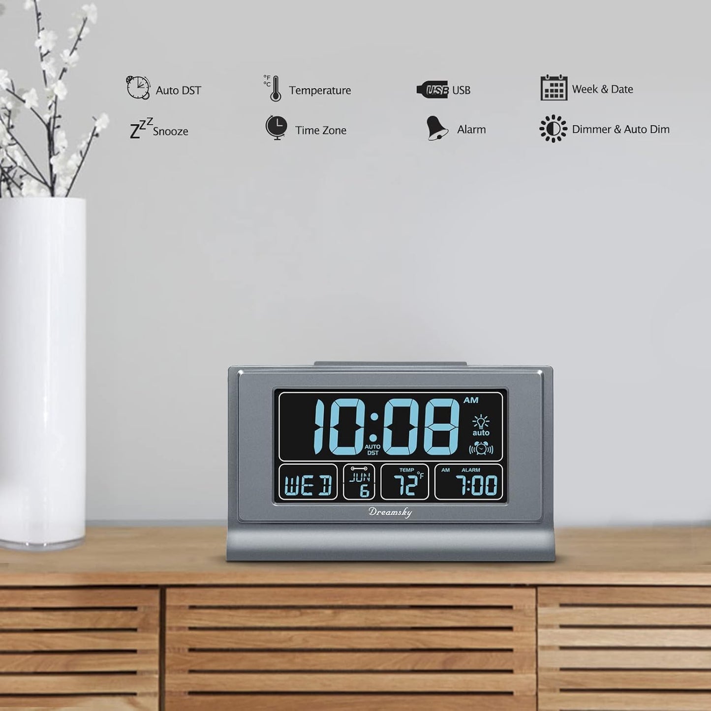DreamSky Digital Alarm Clock with Battery Backup, 5 Inch Large Display, Auto Set Clock, USB Charging Ports, 12/24H