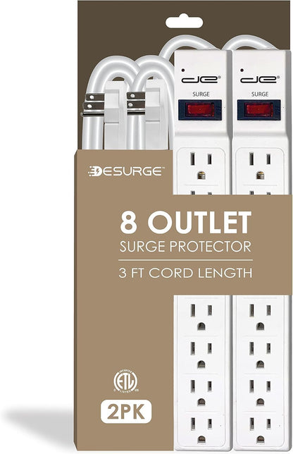 Digital Energy 8 Outlet Surge Protector - 15 AMP, 1875 W, 125 V, 350 J Surge Protection, ETL Listed - Flat Plug (White, 3 FT (Pack of 2))