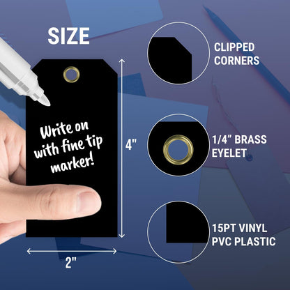 Tags 4 Less 15 Mil Waterproof Plastic Tags, Pack of 100 – 2” x 4” Heavy Duty Plastic Tags for Labeling, Outdoor Tagging, Equipment Labeling, Luggage, Valves & More (Black)