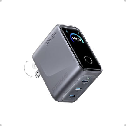 Anker Prime Charger, 160W 3-Port Compact USB C GaN Charger Block, Smart Display and Touch Control, 140W Max Charging via Any Single Port, for MacBook, Laptop, iPhone 17/16/15 Series, iPad(Non-Battery)