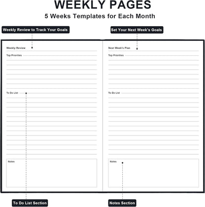 Daily & Monthly Planner for 2025 2026 or Anytime - ADHD Planner Two Pages Per Day, Daily Planner Undated to Increase Focus, Eliminate Overwhelm, Achieve Your Biggest Goals, 5.8'' × 8.3'', Black