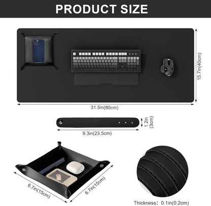 DAWNTREES Dual Sided Desk Mat,Leather Desk Pad,Black Cork Desk Mat Protector,with PU Leather Valet Tray Organizer,Large Mouse Pad,Desk Writing Pad for Office and Home(31.5"x15.8")