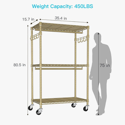P1 Rolling Clothes Rack, Movable Metal Garment Closet Organizer with Lockable Wheels, Clothing Wardrobe with Double Hanger Rods and Hooks, 35.4" W x 15.7" D x 80.5" H, Load 450lbs, Gold