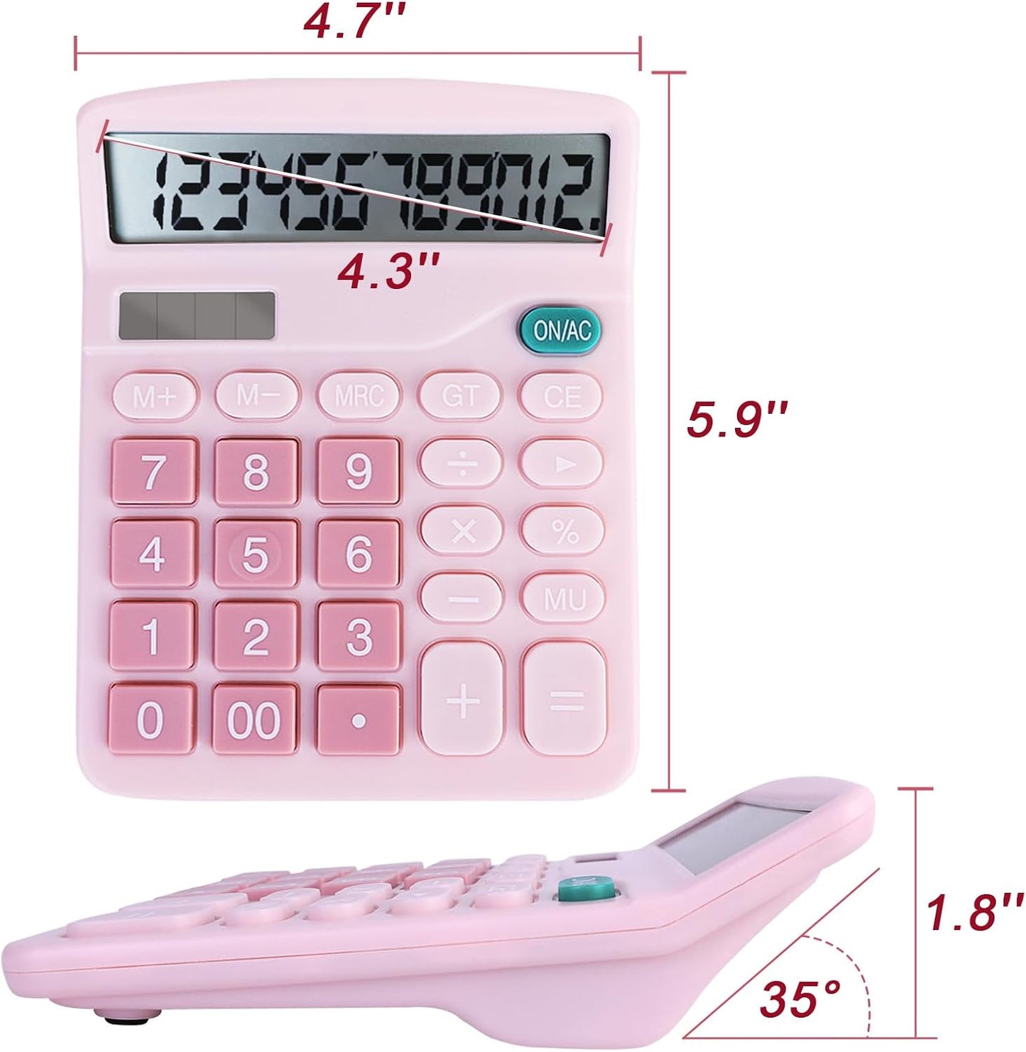 Basic Calculator with Comfortable Large LCD Display, 12 Digits Calculators Desktop, Tilt Screen, Big Button, Desk Calculator with Dual Power (Solar & Battery Included) (Pink)