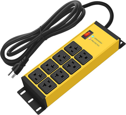 CCCEI Yellow Heavy Duty Power Strip Surge Protector 20 AMP, 8 Outlets 12 Gauge Industrial Shop Garage Metal Multiple Outlets, 4 FT Extension Cord 5-15P Adapter High Amp 6-20R T-Slot 20a for Appliance