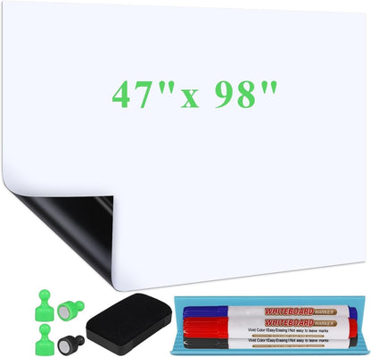 White Board Sticker Adhesive Backing, 47" x 98" Magnetic Dry Erase Board Contact Paper Stick on Wall, Whiteboard Sheet for Teacher Kids Classroom, Include Markers, Eraser with Magnet