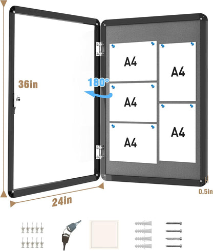 36"x24" Enclosed Bulletin Board, Lockable Weather-Resistant Aluminum Cork Noticeboard for School & Office, Black Frame w/Grey Flet