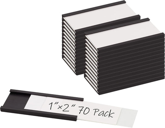 Realth C Channel Magnetic Label Holders 70 Pack 1'' x 2'' with Paper Inserts and Clear Plastic Protectors, Magnetic Data Card Holders File Cabinet Labels for Metal Racks and Shelves