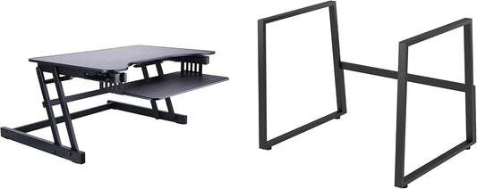 Rocelco 32" Height Adjustable Standing Desk Converter with Floor Stand Bundle - Slide Out Retractable Keyboard Tray - Sit Stand Up Dual Monitor Riser - Computer Workstation - Black (R ADRB-STFS)